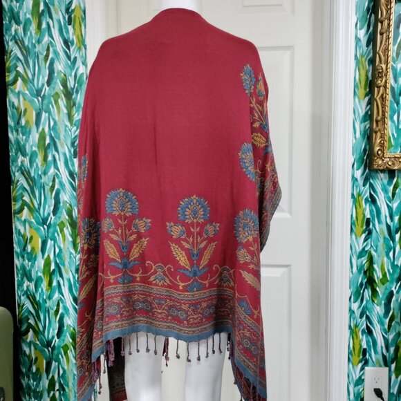Colleen Lopez Boho Lagenlook Woven Reversible Ruana Fringe Cardigan Shawl XL - Picture 7 of 13